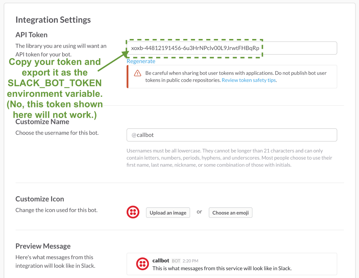 Tela do slack verificar o token do bot.