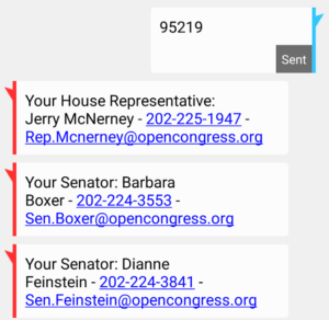 SMS (text) conversation showing the house representative and senators for ZIP code 95219