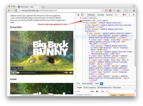 Wenn wir nun das Video-Element untersuchen, befinden sich ein Shadow Root und eine ganze Menge Divs, Eingaben und anderes HTML darin.