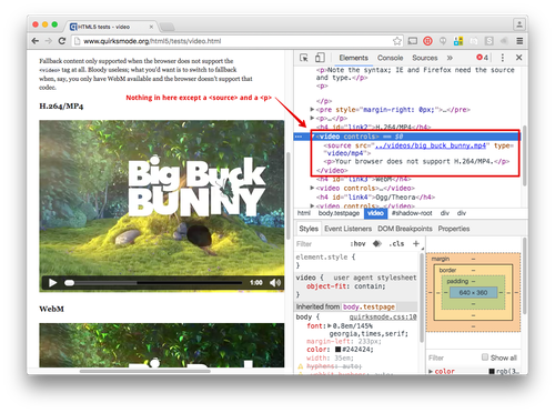 Wenn wir ein HTML5-Videoelement untersuchen, wird nur das erwartete HTML, ein Quellelement und ein Fallback-Absatzelement angezeigt.
