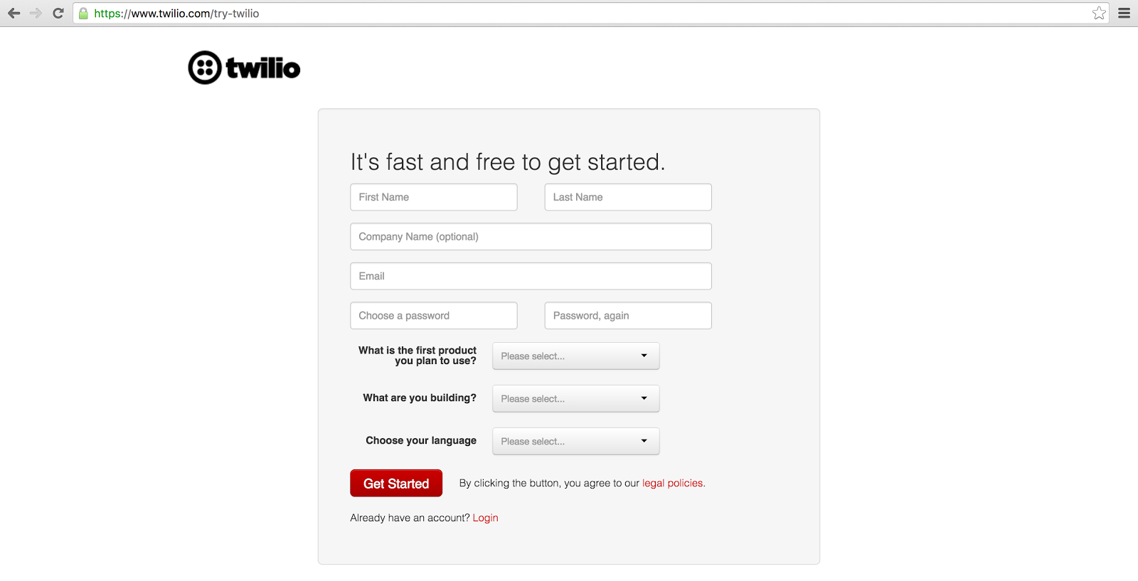 Twilio sign up screen.