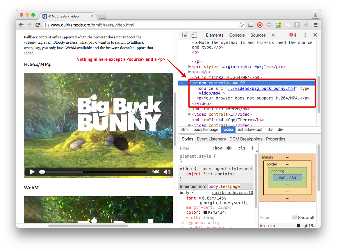 Inspecting an HTML5 Video element only shows the HTML you&#39;d expect, a source element and a fallback paragraph element.