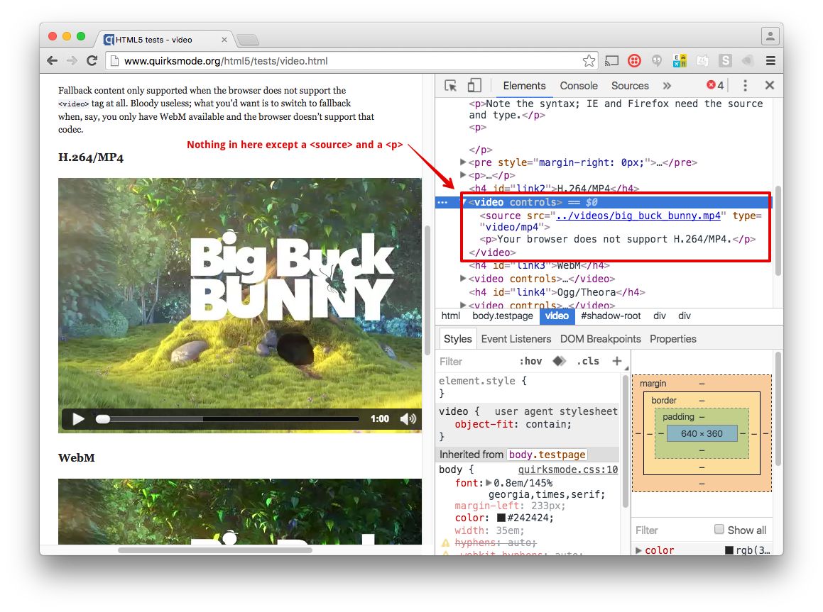 Inspecting an HTML5 Video element only shows the HTML you'd expect, a source element and a fallback paragraph element.