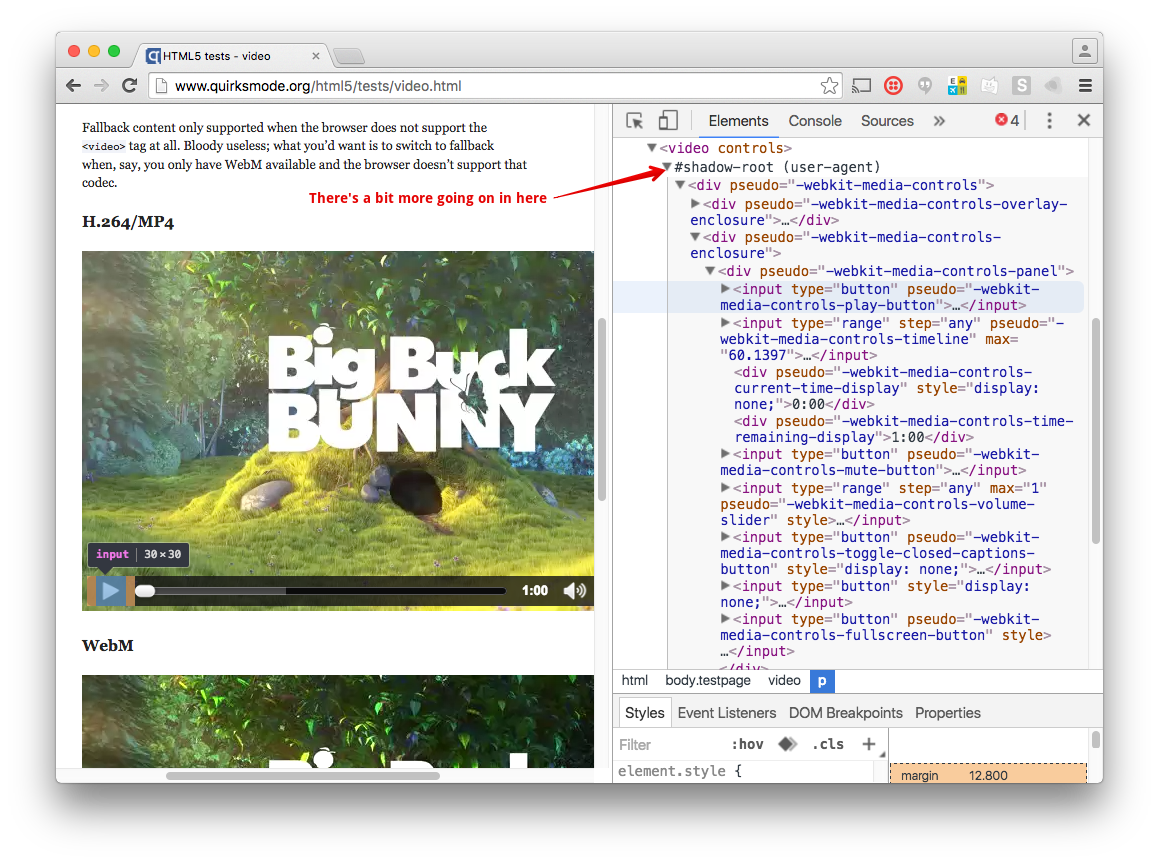Now when you inspect the Video element there is a shadow-root and a whole load of divs, inputs and other HTML within.