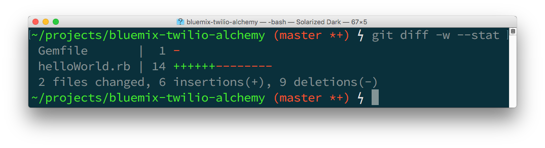 The git diff --stat command shows 2 files changed with 6 insertions and 9 deletions.