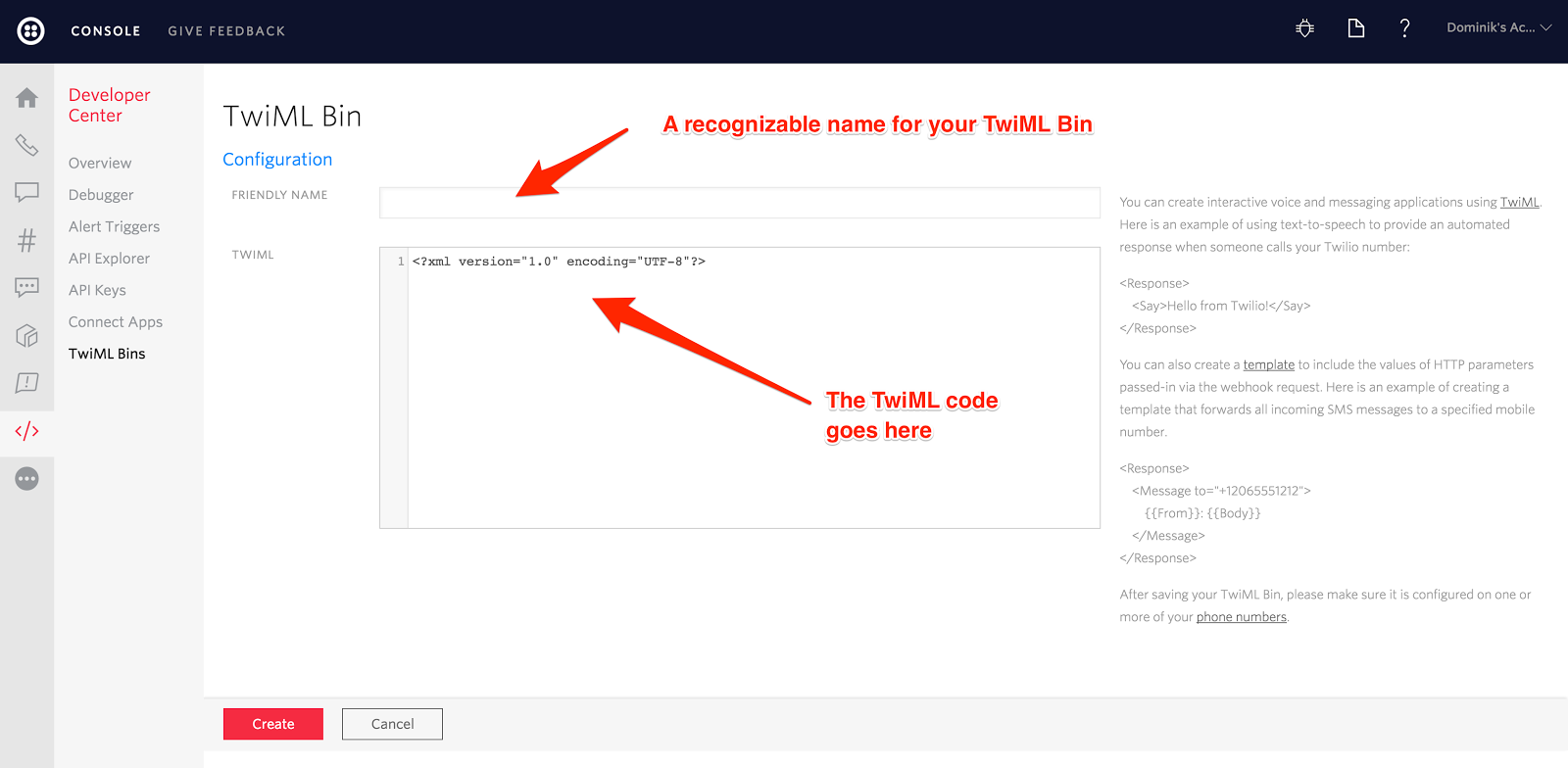 nommage et écriture du TwiML Bin