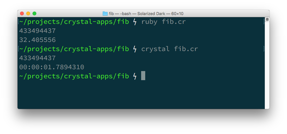 Running the program with Ruby produces the answer in 32 seconds, running with Crystal took 1.7 seconds