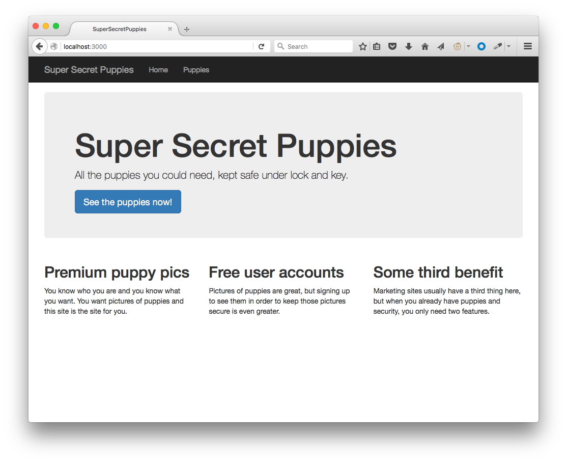 A screenshot of the Super Secret Puppies home page