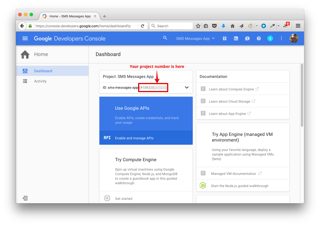 Once you create your project in the Google Developer Console, the number is listed next to the name of your project