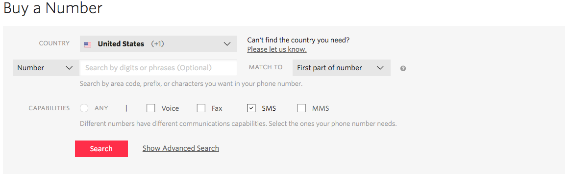 Buy a phone number with Twilio