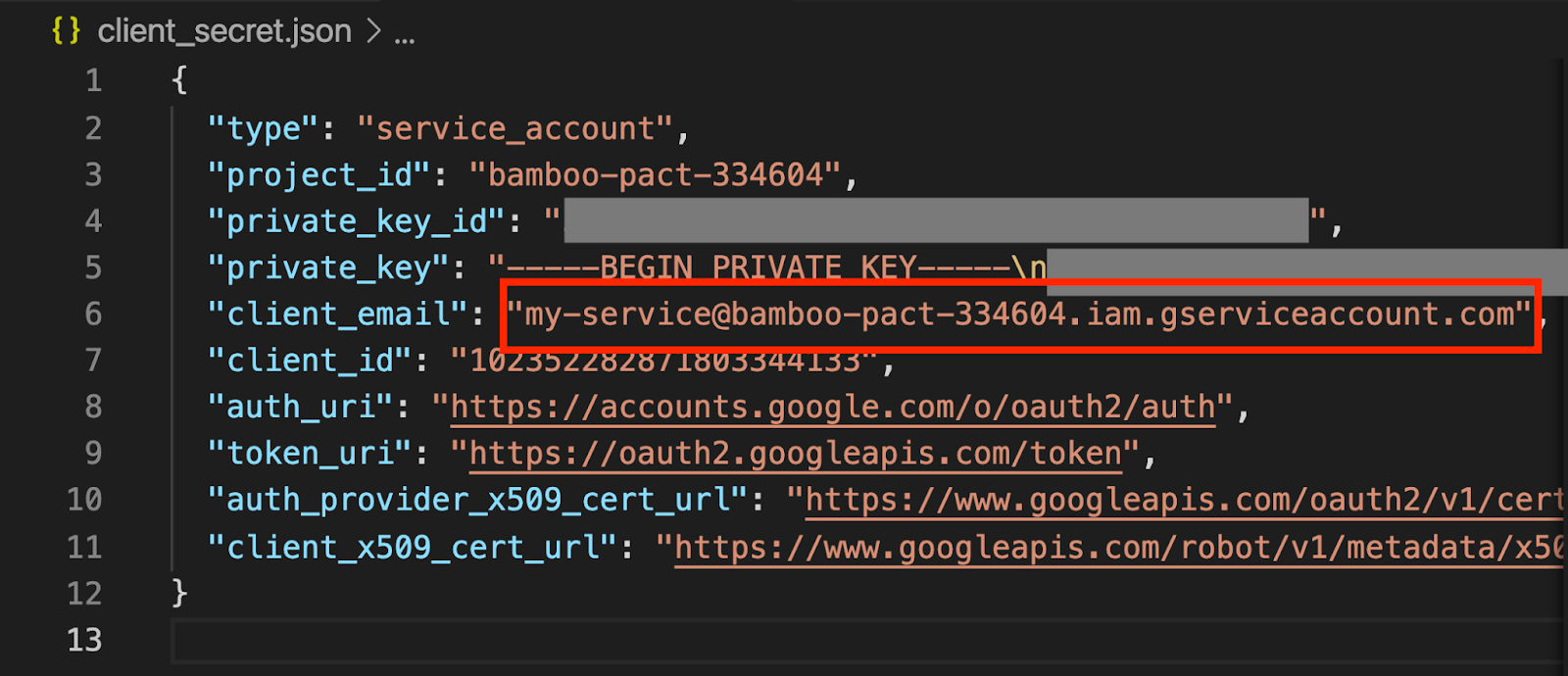 JSONファイルで`client_email`が確認できる。