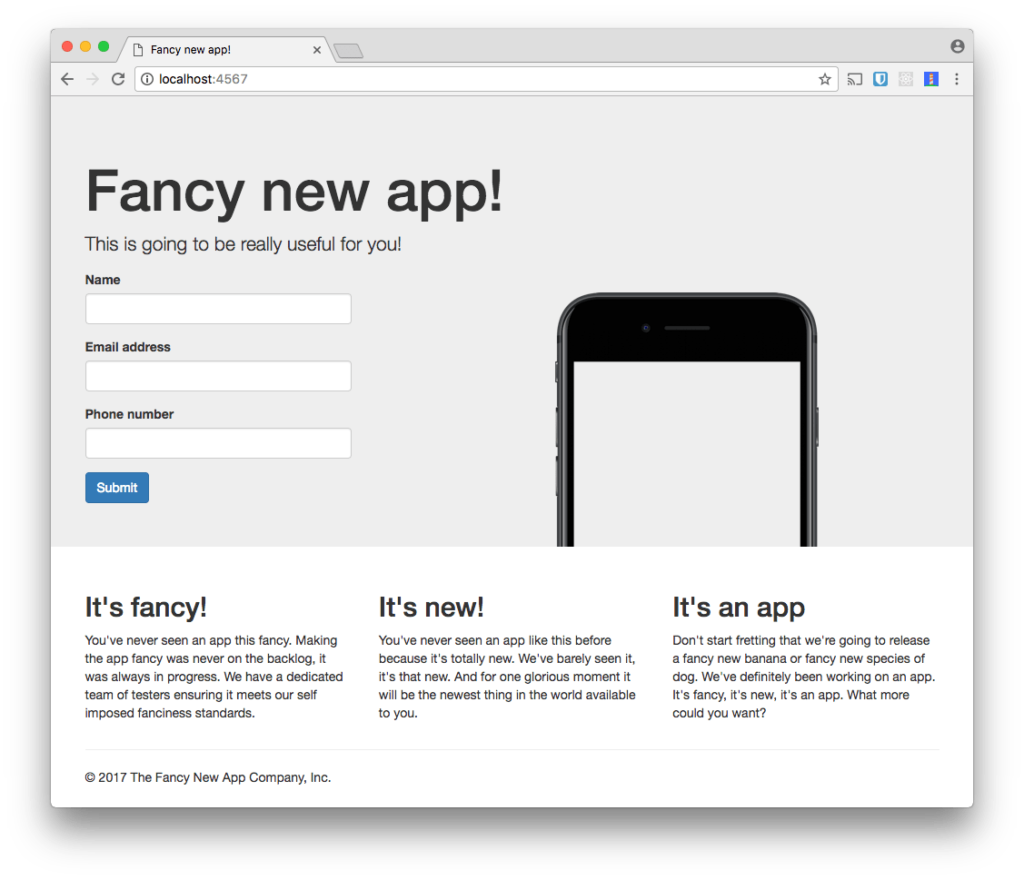 The Fancy New App landing page. It shows a form and some details about the (fictional) app.