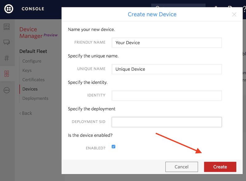 Twilio Sync for IoT Device Manager New Device