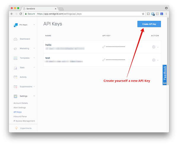 Hit the &#39;Create API key&#39; link on the API Keys dashboard page in the SendGrid admin