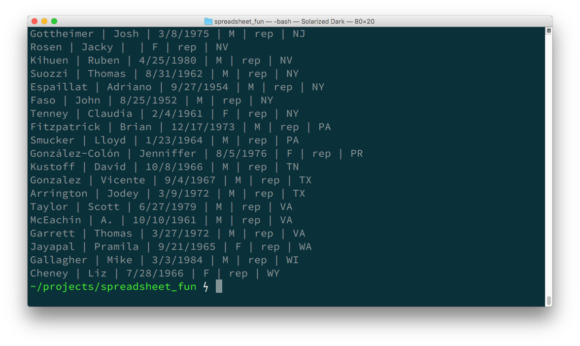 A terminal window showing the results of running the above script. The first six columns of each row are printed.