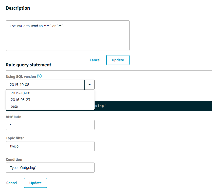 Amazon SQL Version Selector in AWS IoT