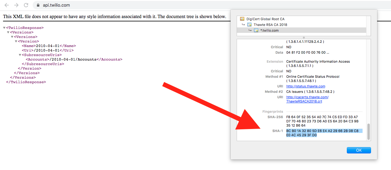 SHA-1 fingerprint for api.twilio.com in Chrome