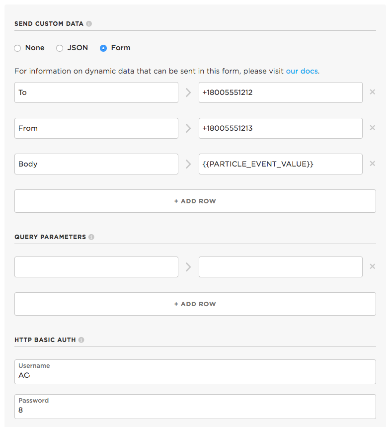 Particle Webhook Advanced Options for SMS