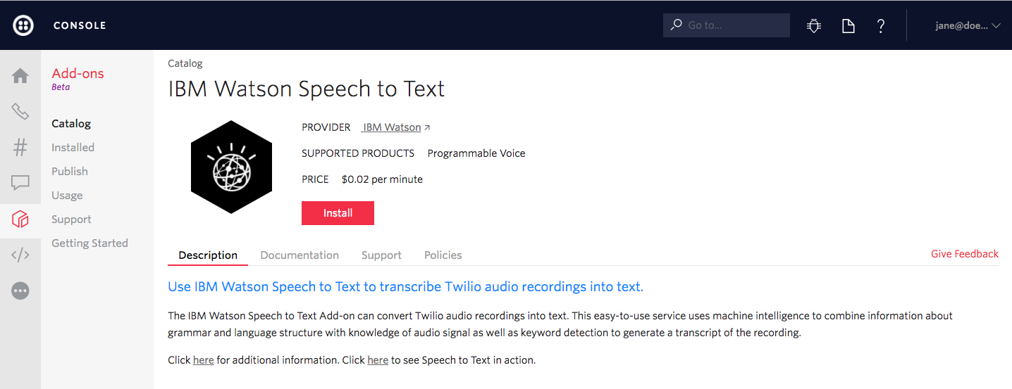 IBM Watson Speech to Text install Add-on