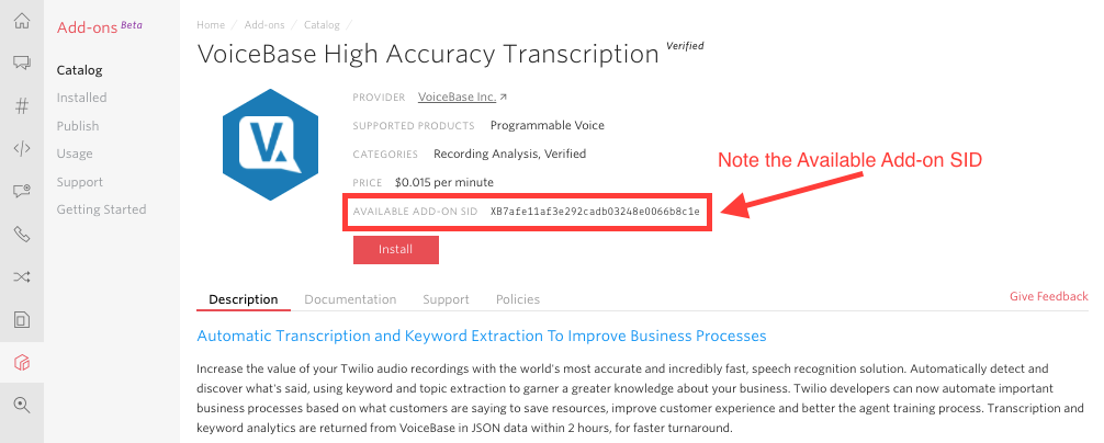Voicebase High Accuracy Transcription in Console