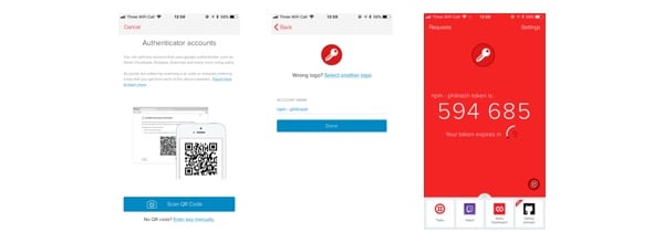 A progression through screens in the Authy app; scanning the barcode, saving the account and then seeing the 6 digit one time password for the npm account.