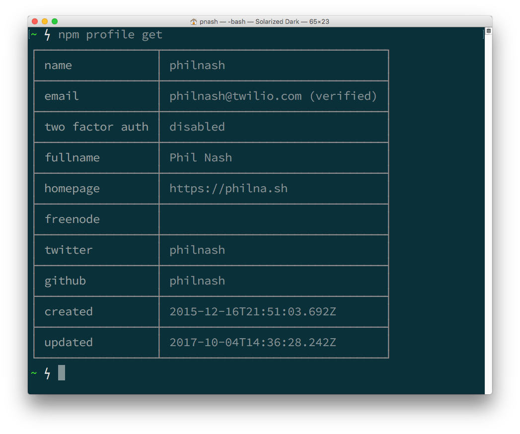 A view of my profile as displayed by the npm command line client. It shows that two factor authentication is currently disabled for my account.