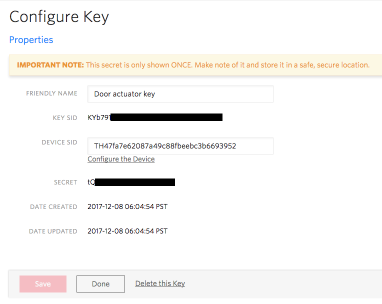 Key creation screen for an ESP8266 with Sync for IoT