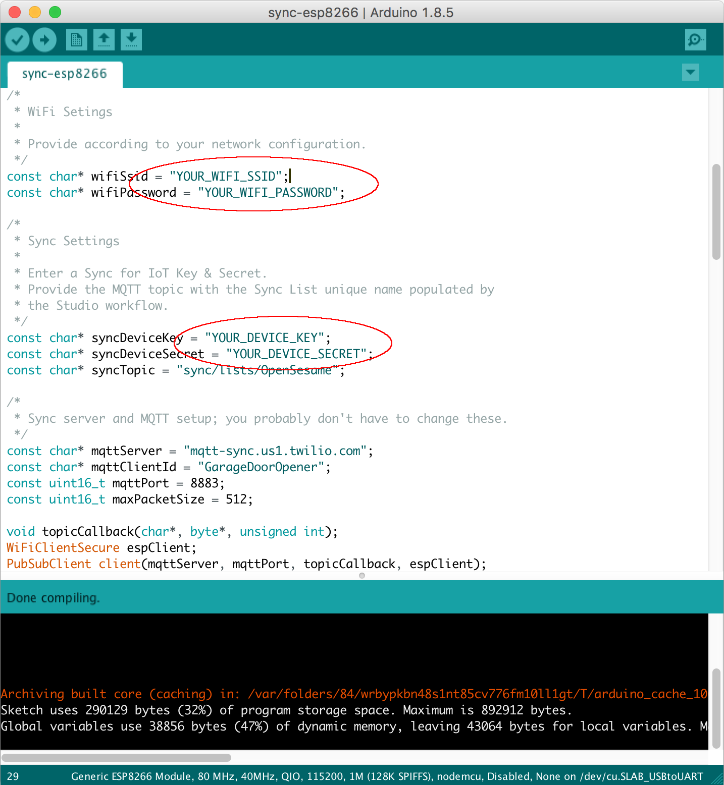 Arduino IDE with code for Twilio Sync for IoT