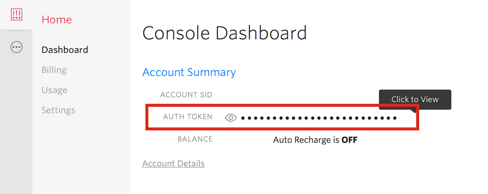 Twilio console dashboard