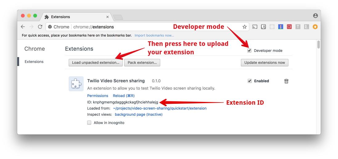 The Chrome extensions page. Make sure to check the &#39;Developer mode&#39; check box, then use the &#39;load unpacked extension...&#39; button to load in your extension. The extension ID is shown in the list of extensions.
