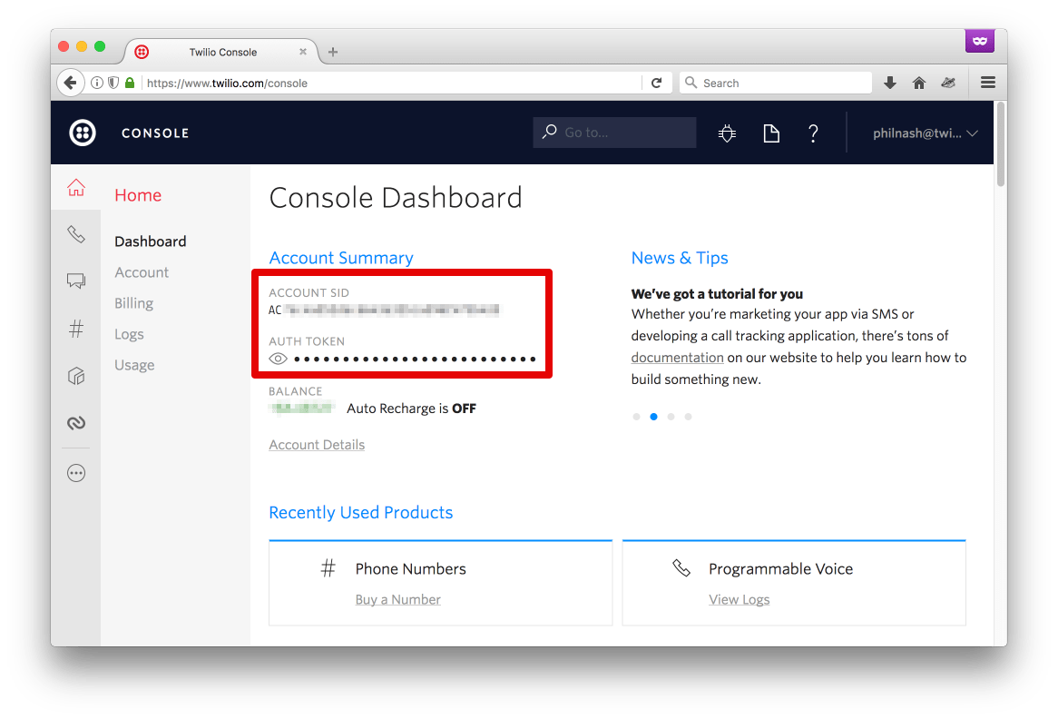 Your Account SID and Auth Token can be found on your dashboard in the Twilio Console under the section titled Account Summary.