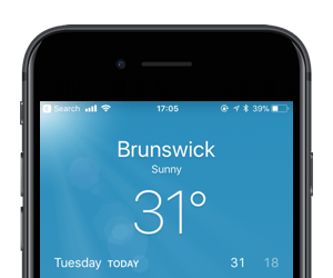 The iPhone weather app showing that it&#39;s 31°C and sunny.