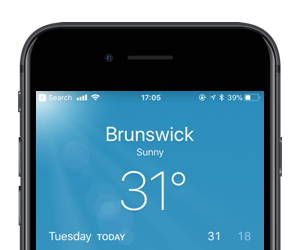 The iPhone weather app showing that it's 31°C and sunny.