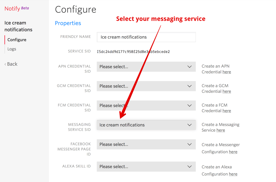 On the Notify service configuration page you need to select your messaging service that you created earlier from the drop down field called 'Messaging Service Sid'.