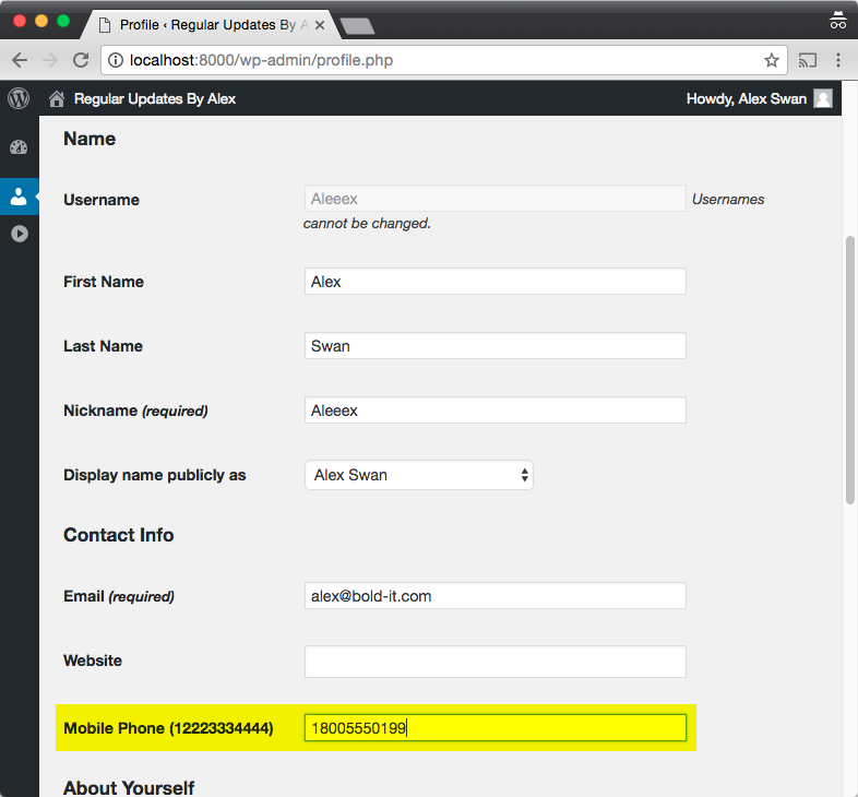 User Profile page Save a phone number