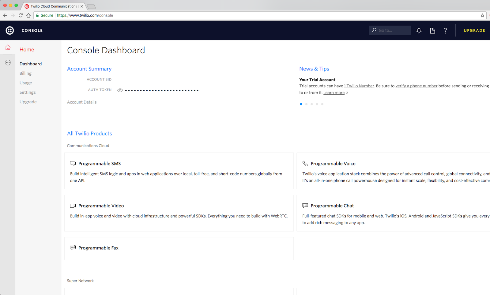 Twilio console overview