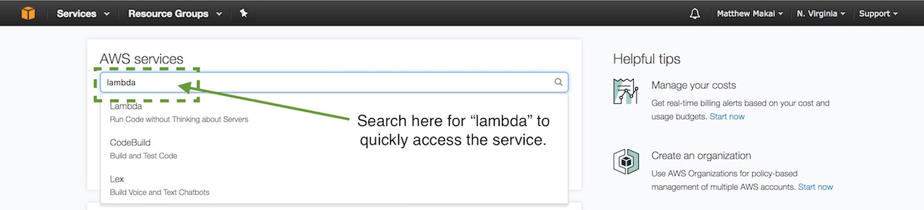 Search for lambda in the dashboard text box.
