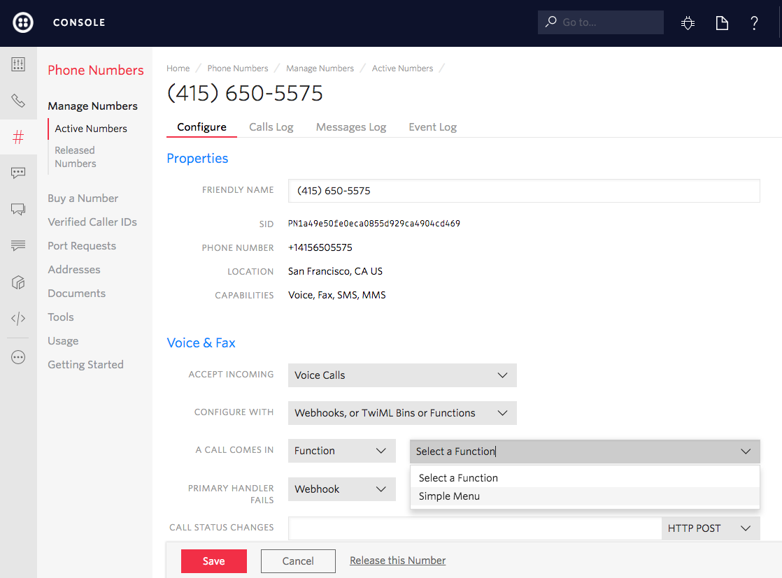 Connecting Twilio Functions with a phone number