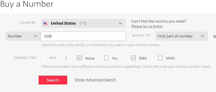 Buy a phone number online with Twilio