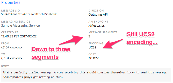 Three SMS segments due to encoding