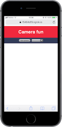 Die App sollte eine Überschrift 'Camera fun' zeigen, mit einer Schaltfläche und einer leeren Dropdown-Box.
