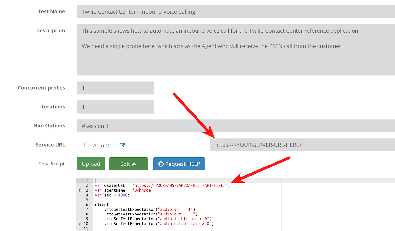 Setting up the call center test script