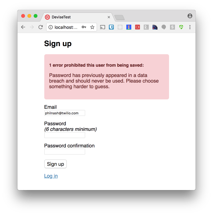 A sign up form showing one error that reads 'Password has previously appeared in a data breach and should never be used. Please choose something harder to guess.'