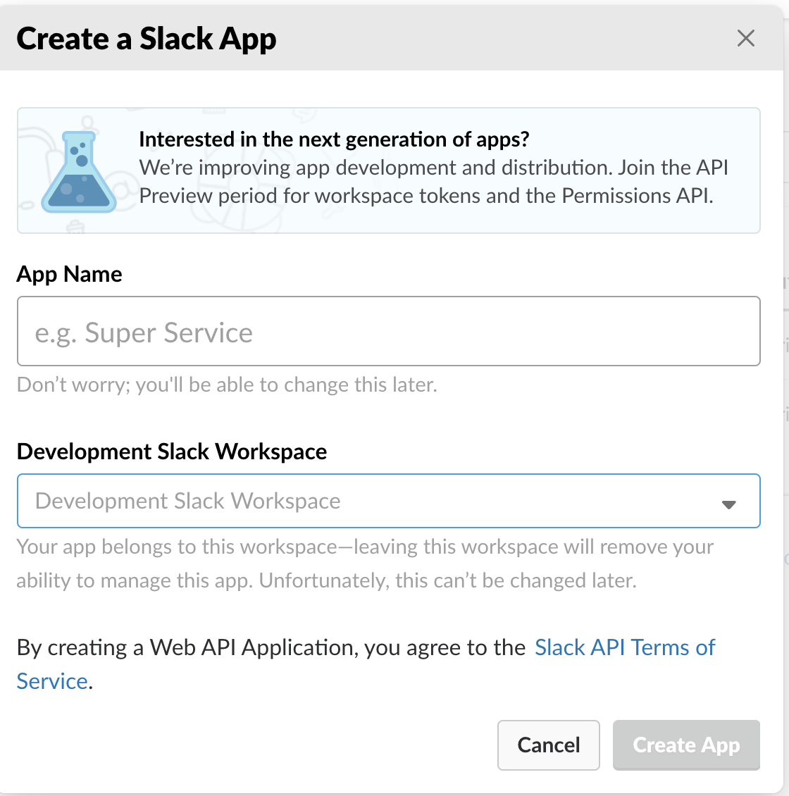Dialog stepping through creating a Slack App