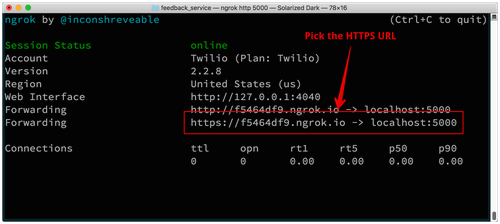 La fenêtre ngrok affiche deux URL que vous pouvez utiliser, choisissez celle HTTPS.