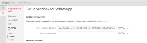 Pantalla de la consola Twilio que muestra el Sandbox de WhatsApp