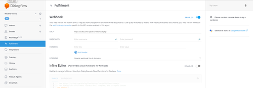 Tela do DialogFlow com o campo de configuração do webhook.