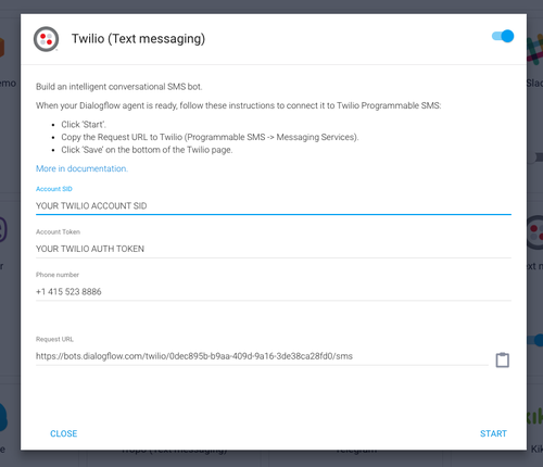 Tela de configuração do DialogFlow para ativação da integração com Twilio e definição das chaves e link do webhook.