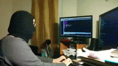 GIF de um hacker de mentira, com uma balaclava e uma mão extra.