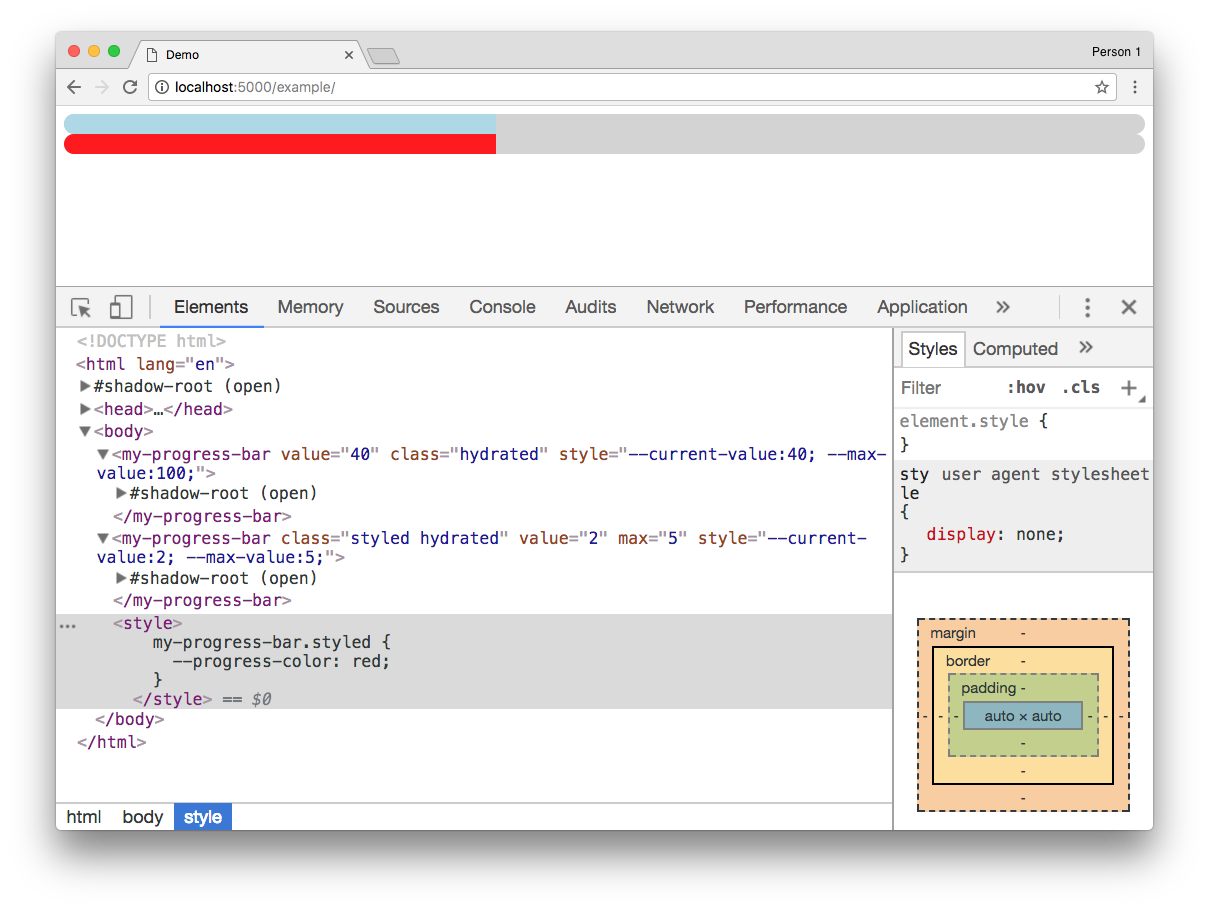 Screenshot showing Chrome with two rendered custom elements and the developer tools open